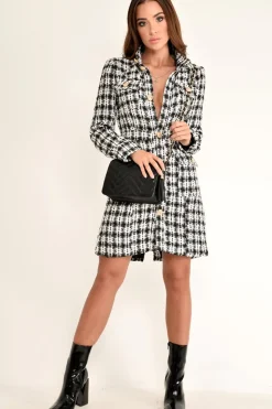 Rebellious Fashion Black And White Tweed Gold Button Longline Jacket - Madalynn