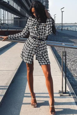 Rebellious Fashion Black And White Tweed Gold Button Longline Jacket - Madalynn