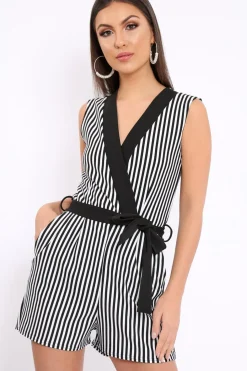 Rebellious Fashion Black and White V-Plunge Striped Playsuit - Kaitlynn