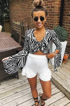 Rebellious Fashion Black And White Zebra Tie Front Top - Adelei