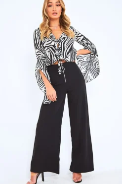 Rebellious Fashion Black And White Zebra Tie Front Top - Adelei