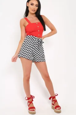 Rebellious Fashion Black And White Zig Zag Tie Waist Shorts - Addilynn