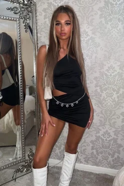 Rebellious Fashion Black Asymmetric Crop Top & Mini Skirt Set - Lacey