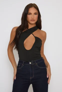 Rebellious Fashion Black Asymmetric Detail Bodysuit - Gwyneth