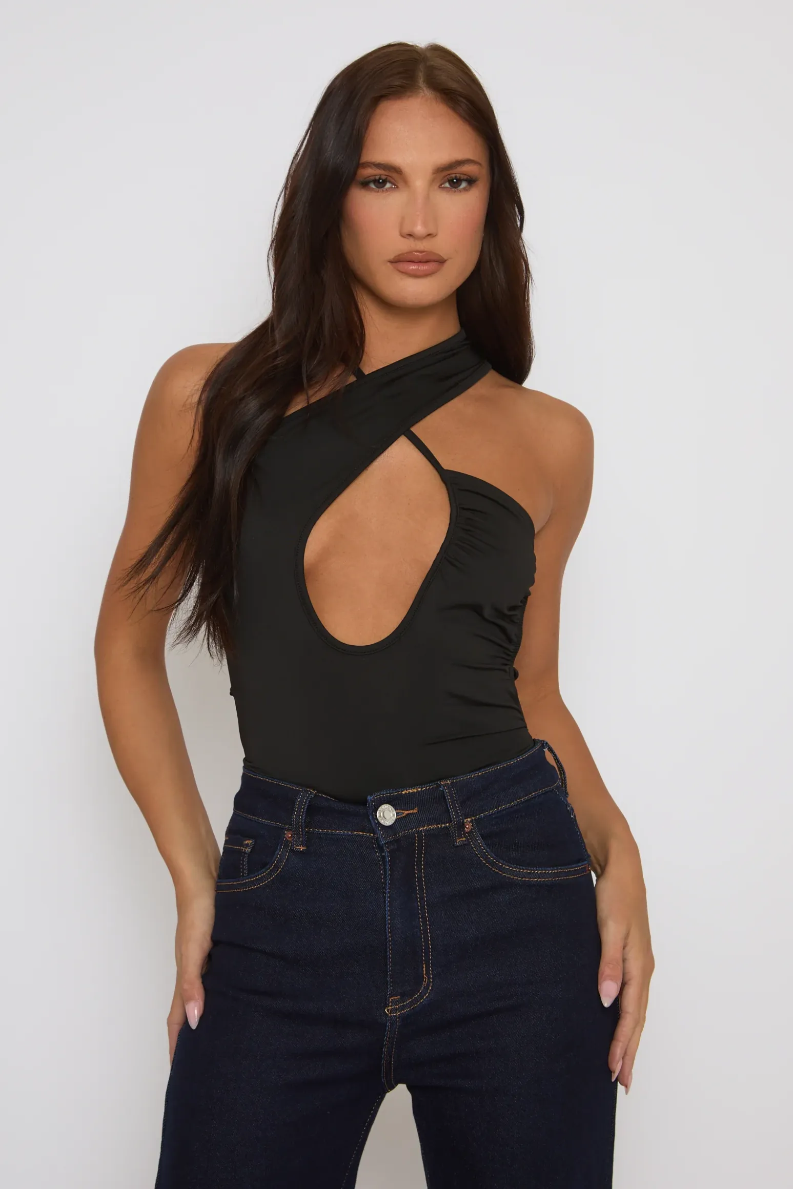 Rebellious Fashion Black Asymmetric Detail Bodysuit - Gwyneth