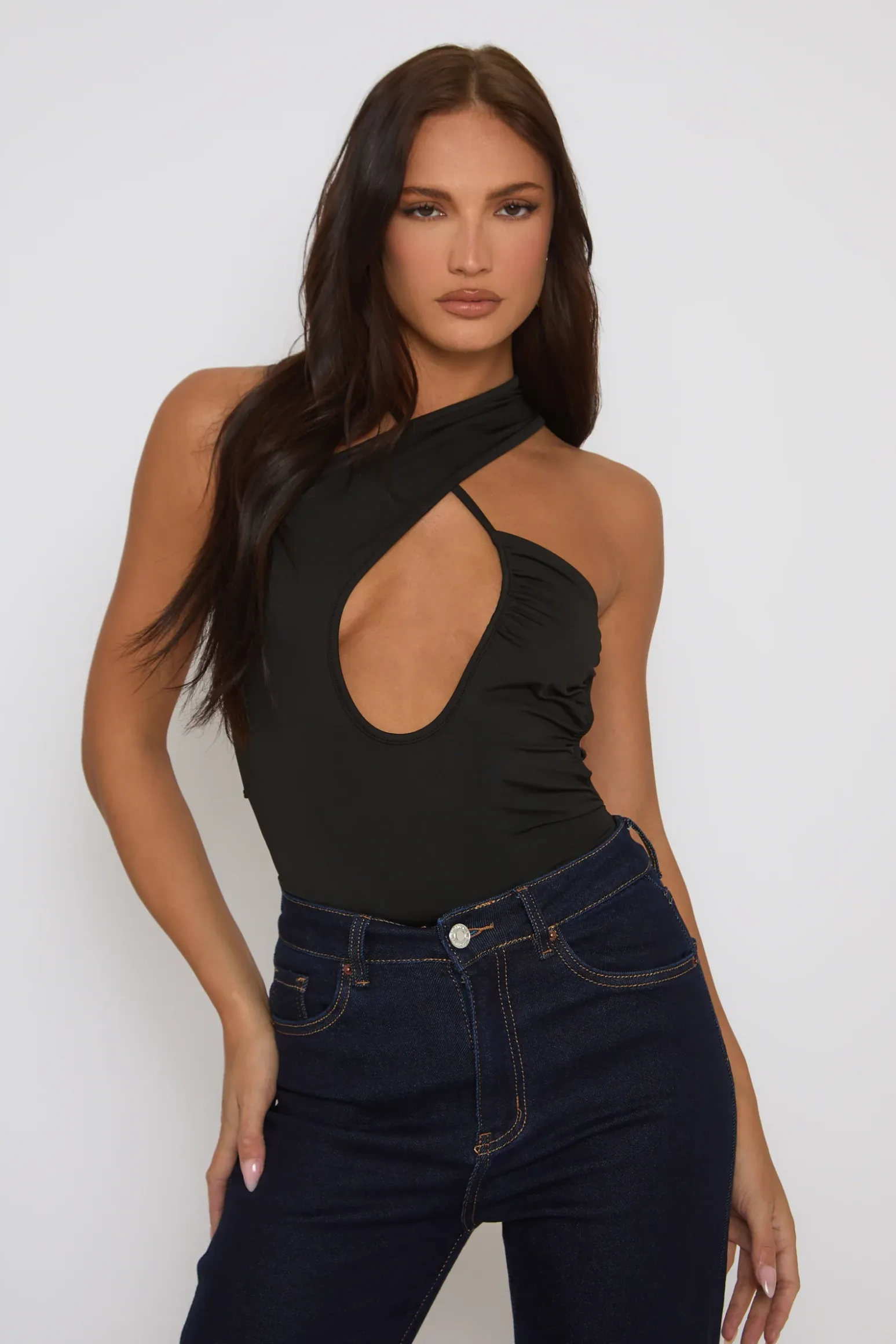 Rebellious Fashion Black Asymmetric Detail Bodysuit - Gwyneth