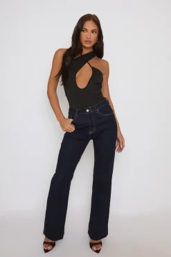 Rebellious Fashion Black Asymmetric Detail Bodysuit - Gwyneth