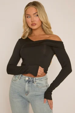 Rebellious Fashion Black Asymmetric Off Shoulder Top - Idalia