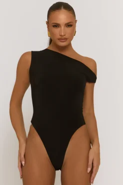 Rebellious Fashion Black Asymmetric Off Shoulder Bodysuit - Misba