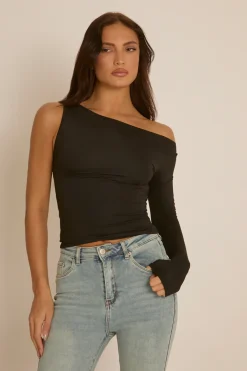 Rebellious Fashion Black Asymmetric Sleeve Top - Christa