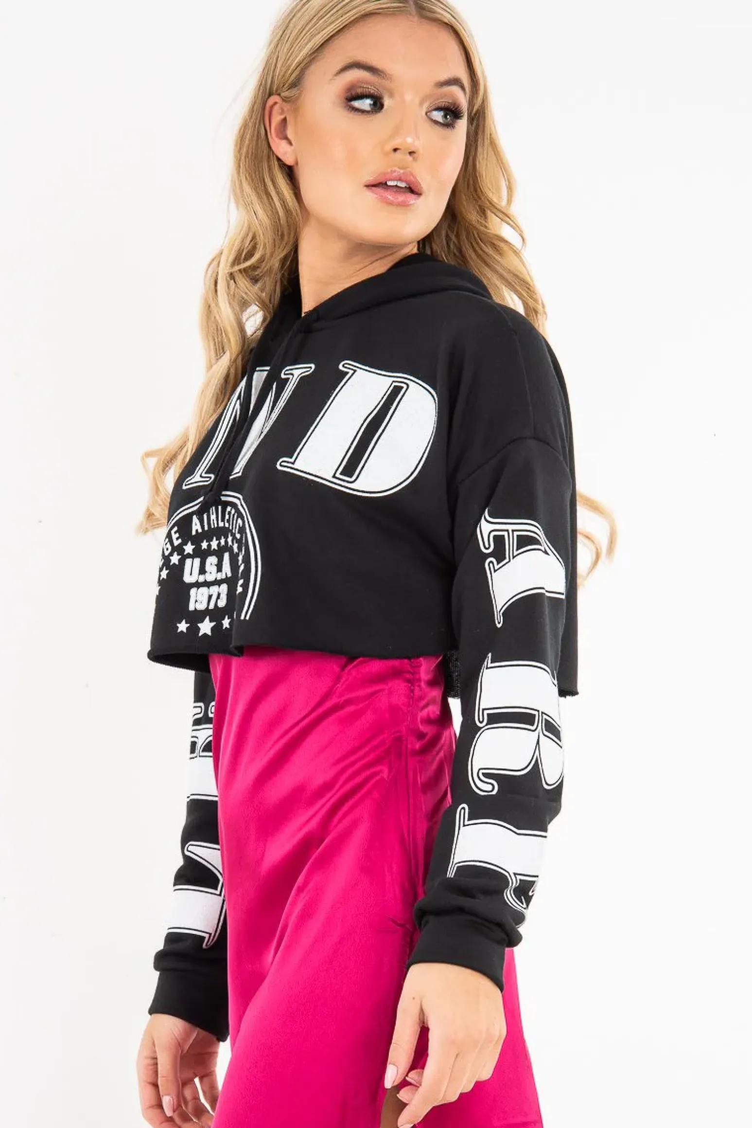 Rebellious Fashion Black Athletic Slogan Crop Raw Hem Hoodie - Jersie