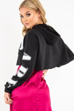 Rebellious Fashion Black Athletic Slogan Crop Raw Hem Hoodie - Jersie