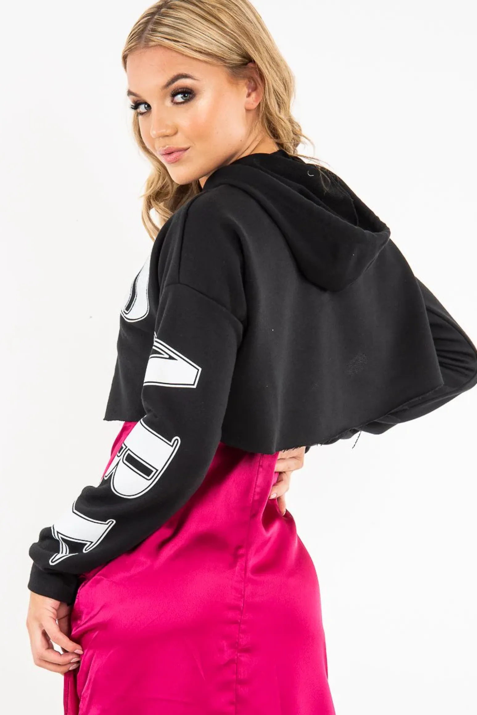 Rebellious Fashion Black Athletic Slogan Crop Raw Hem Hoodie - Jersie