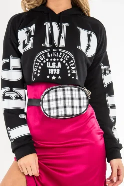 Rebellious Fashion Black Athletic Slogan Crop Raw Hem Hoodie - Jersie