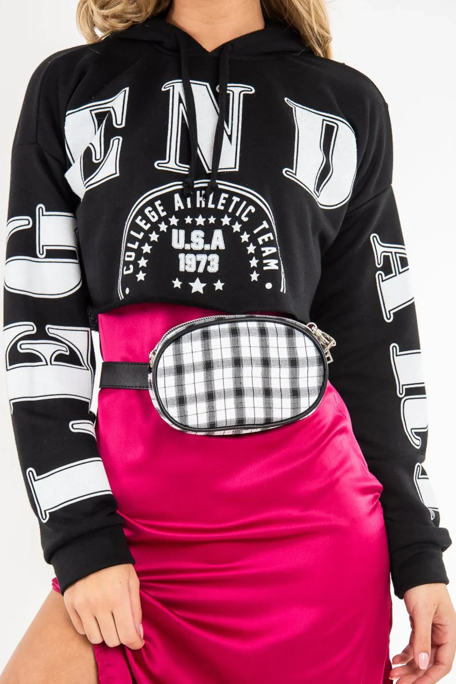 Rebellious Fashion Black Athletic Slogan Crop Raw Hem Hoodie - Jersie