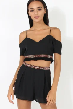 Rebellious Fashion Black Aztec Trim Cold Shoulder Co-ord - Kinsey