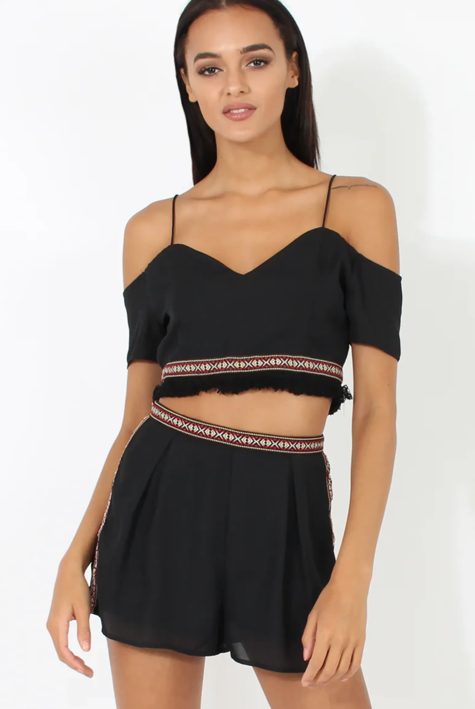 Rebellious Fashion Black Aztec Trim Cold Shoulder Co-ord - Kinsey