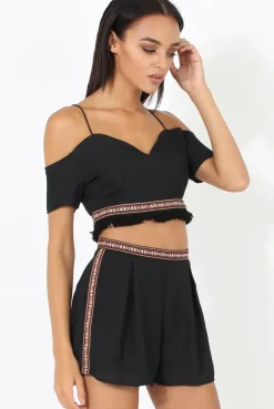 Rebellious Fashion Black Aztec Trim Cold Shoulder Co-ord - Kinsey