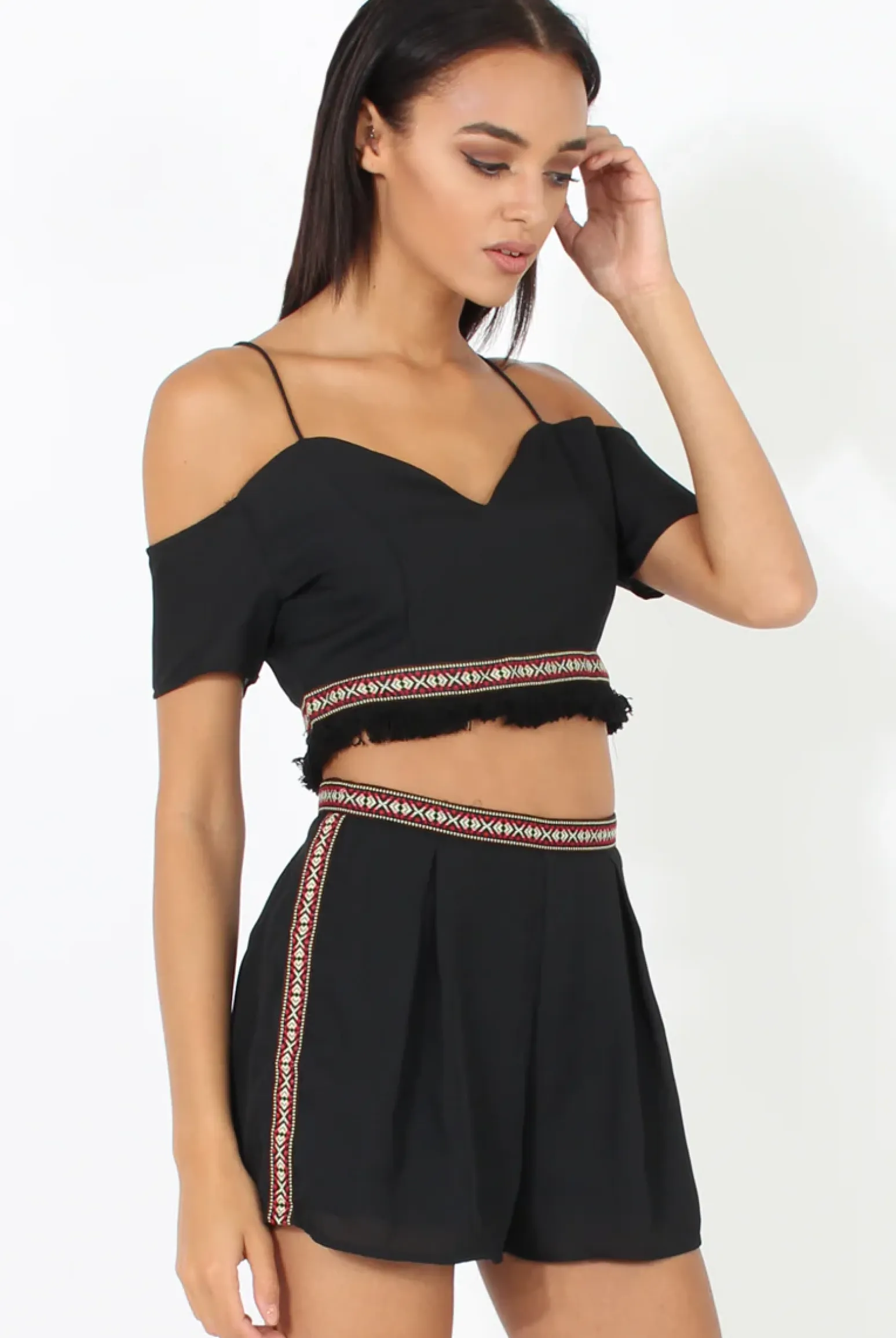 Rebellious Fashion Black Aztec Trim Cold Shoulder Co-ord - Kinsey