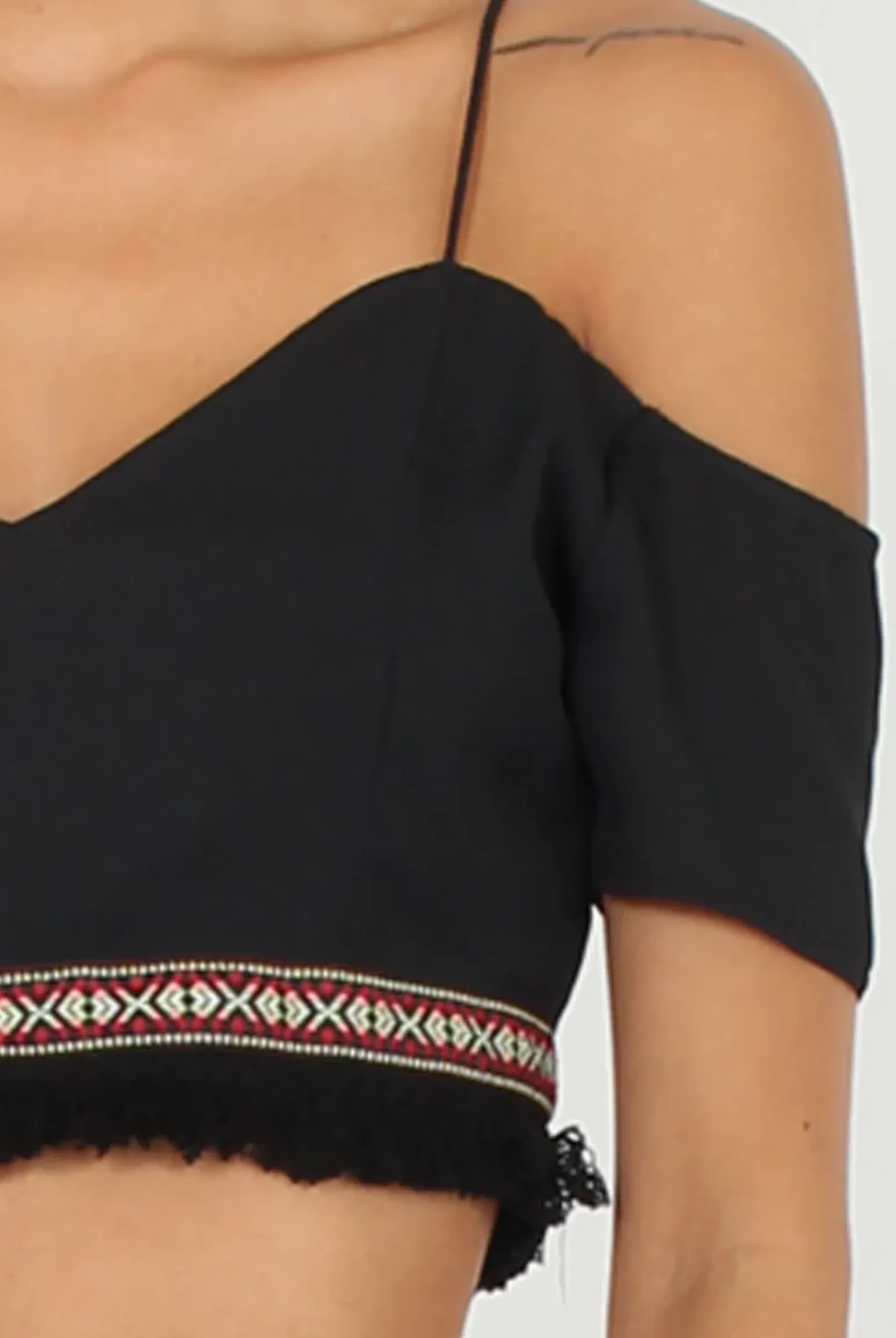 Rebellious Fashion Black Aztec Trim Cold Shoulder Co-ord - Kinsey