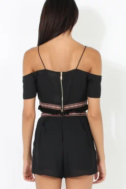 Rebellious Fashion Black Aztec Trim Cold Shoulder Co-ord - Kinsey