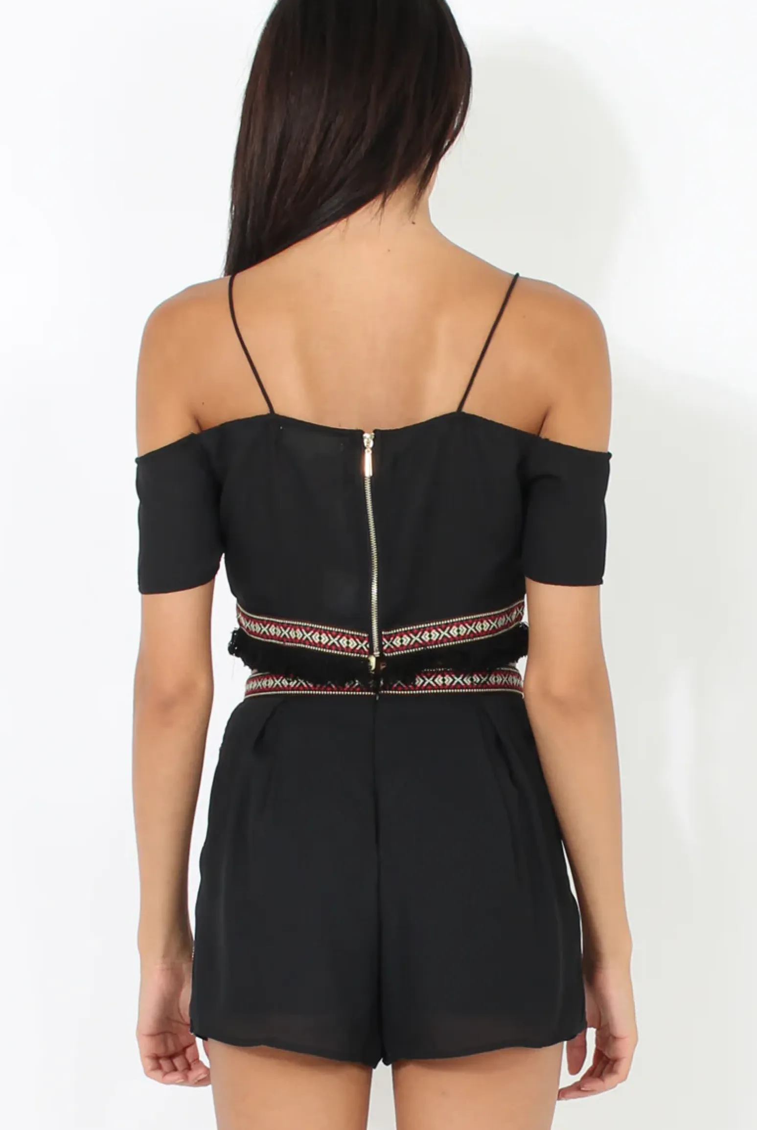 Rebellious Fashion Black Aztec Trim Cold Shoulder Co-ord - Kinsey