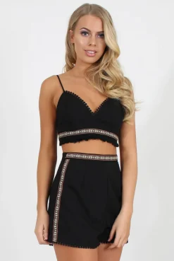 Rebellious Fashion Black Aztec Trim Two Piece Set - Alby