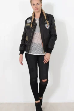 Rebellious Fashion Black Badge Detail Bomber Jacket - Kendall