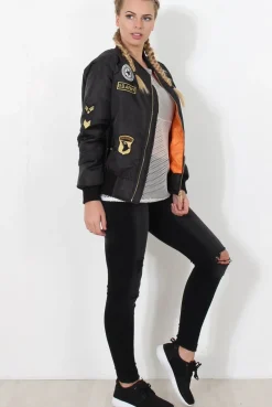 Rebellious Fashion Black Badge Detail Bomber Jacket - Kendall