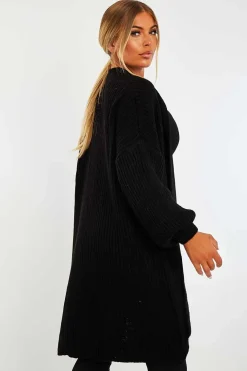 Rebellious Fashion Black Balloon Sleeve Longline Knit Cardigan - Abbie