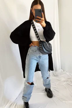 Rebellious Fashion Black Balloon Sleeve Longline Knit Cardigan - Abbie