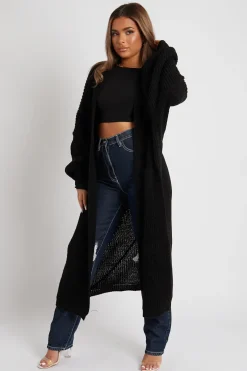 Rebellious Fashion Black Balloon Sleeve Maxi Knit Cardigan - Imara