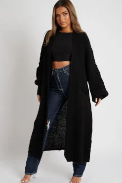 Rebellious Fashion Black Balloon Sleeve Maxi Knit Cardigan - Imara