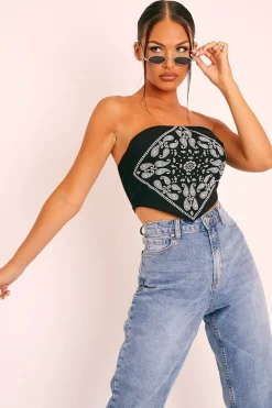 Rebellious Fashion Black Bandana Scarf Print Crop Top - Jacquelin