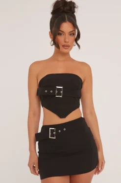 Rebellious Fashion Black Bandeau Belt Detail Cropped Top & Mini Skirt Co-ord Set - Sharleen