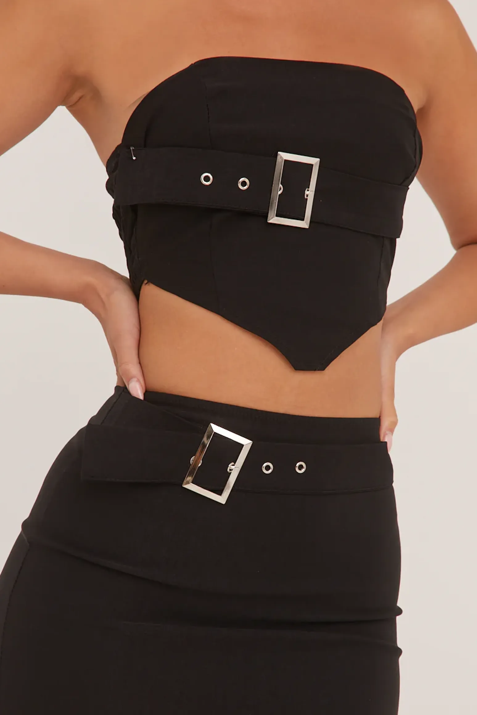 Rebellious Fashion Black Bandeau Belt Detail Cropped Top & Mini Skirt Co-ord Set - Sharleen