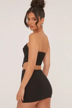 Rebellious Fashion Black Bandeau Belt Detail Cropped Top & Mini Skirt Co-ord Set - Sharleen