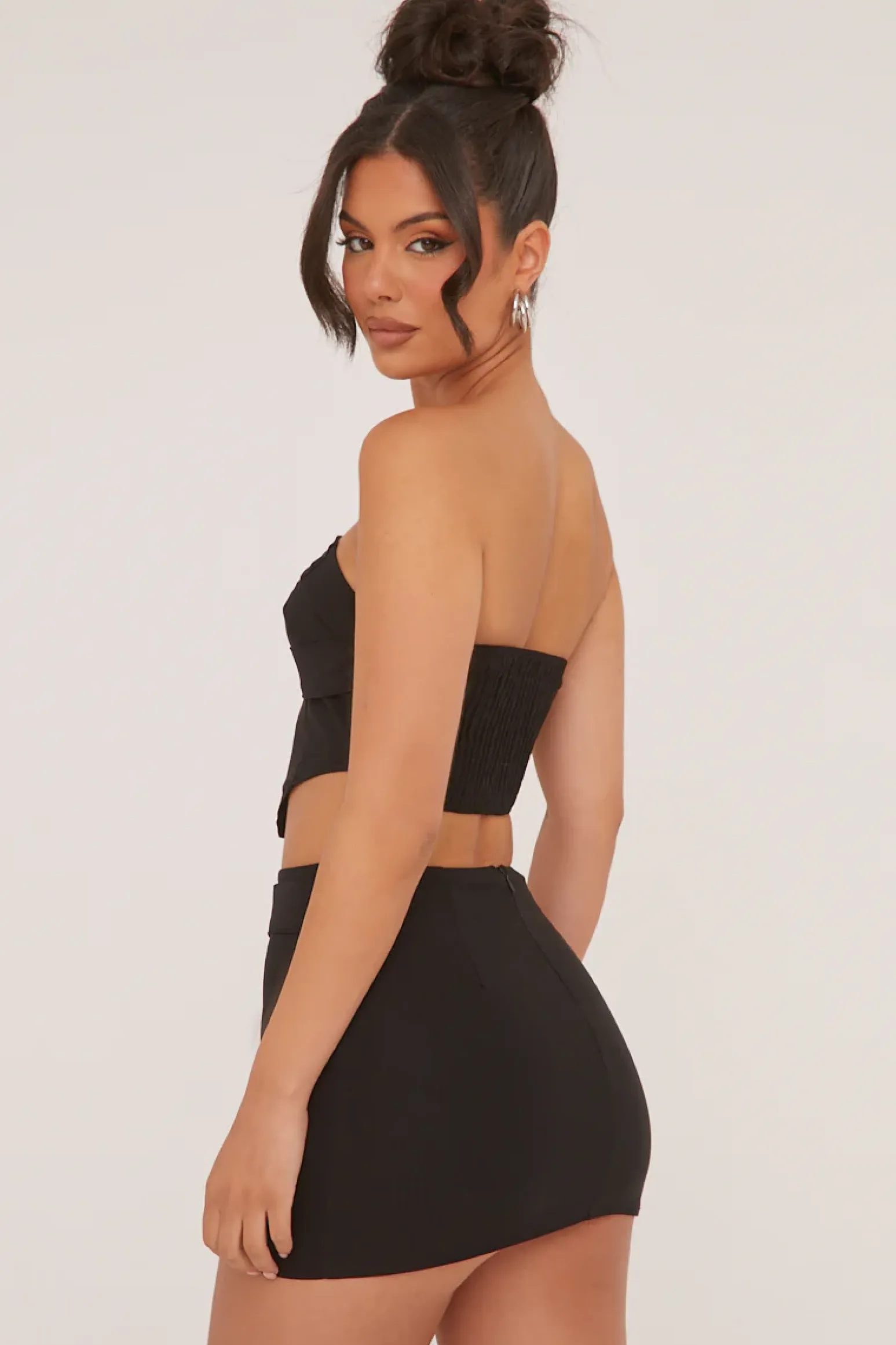 Rebellious Fashion Black Bandeau Belt Detail Cropped Top & Mini Skirt Co-ord Set - Sharleen