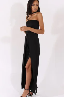 Rebellious Fashion Black Bandeau Choker Split Detail Jumpsuit - Rosy