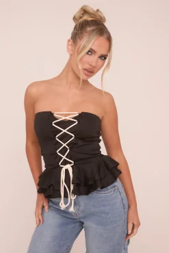 Rebellious Fashion Black Bandeau Lace Up Detail Peplum Top - Kayley