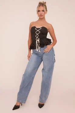 Rebellious Fashion Black Bandeau Lace Up Detail Peplum Top - Kayley