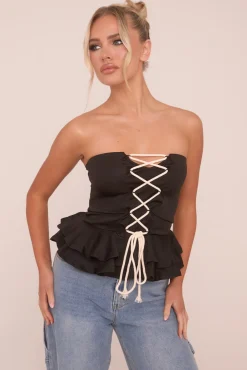 Rebellious Fashion Black Bandeau Lace Up Detail Peplum Top - Kayley