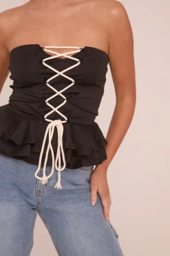 Rebellious Fashion Black Bandeau Lace Up Detail Peplum Top - Kayley