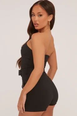 Rebellious Fashion Black Bandeau Self Belt Mini Playsuit - Juni
