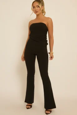 Rebellious Fashion Black Bandeau Top & Kick Flare Trousers Co-ord Set - Rochelle