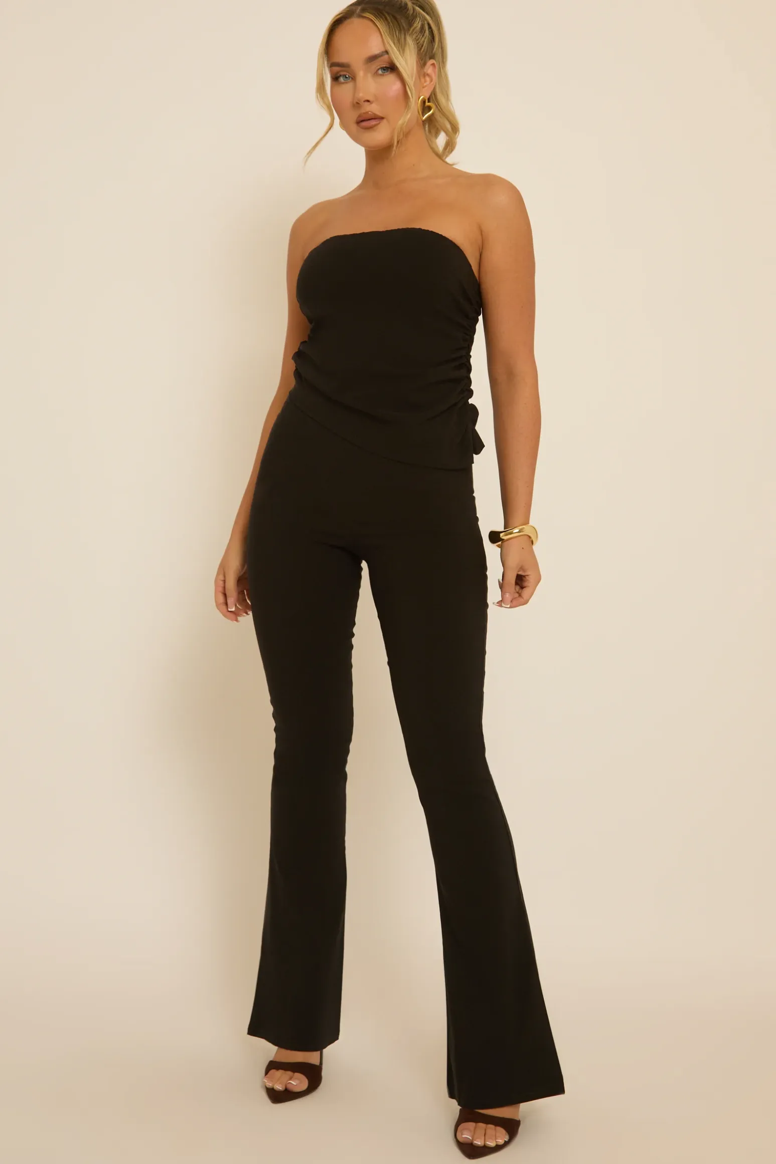 Rebellious Fashion Black Bandeau Top & Kick Flare Trousers Co-ord Set - Rochelle