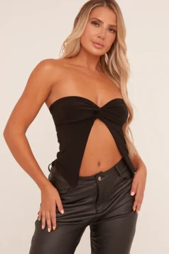 Rebellious Fashion Black Bandeau Twist Detail Crop Top - Anifa