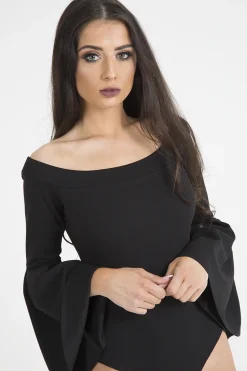 Rebellious Fashion Black Bardot Bell Sleeve Bodysuit - Evelyn