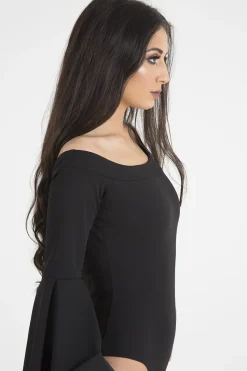 Rebellious Fashion Black Bardot Bell Sleeve Bodysuit - Evelyn