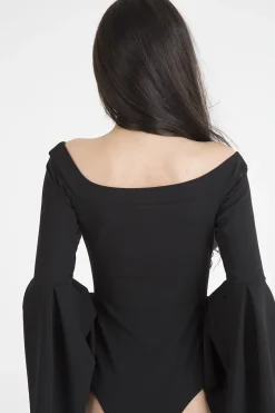 Rebellious Fashion Black Bardot Bell Sleeve Bodysuit - Evelyn